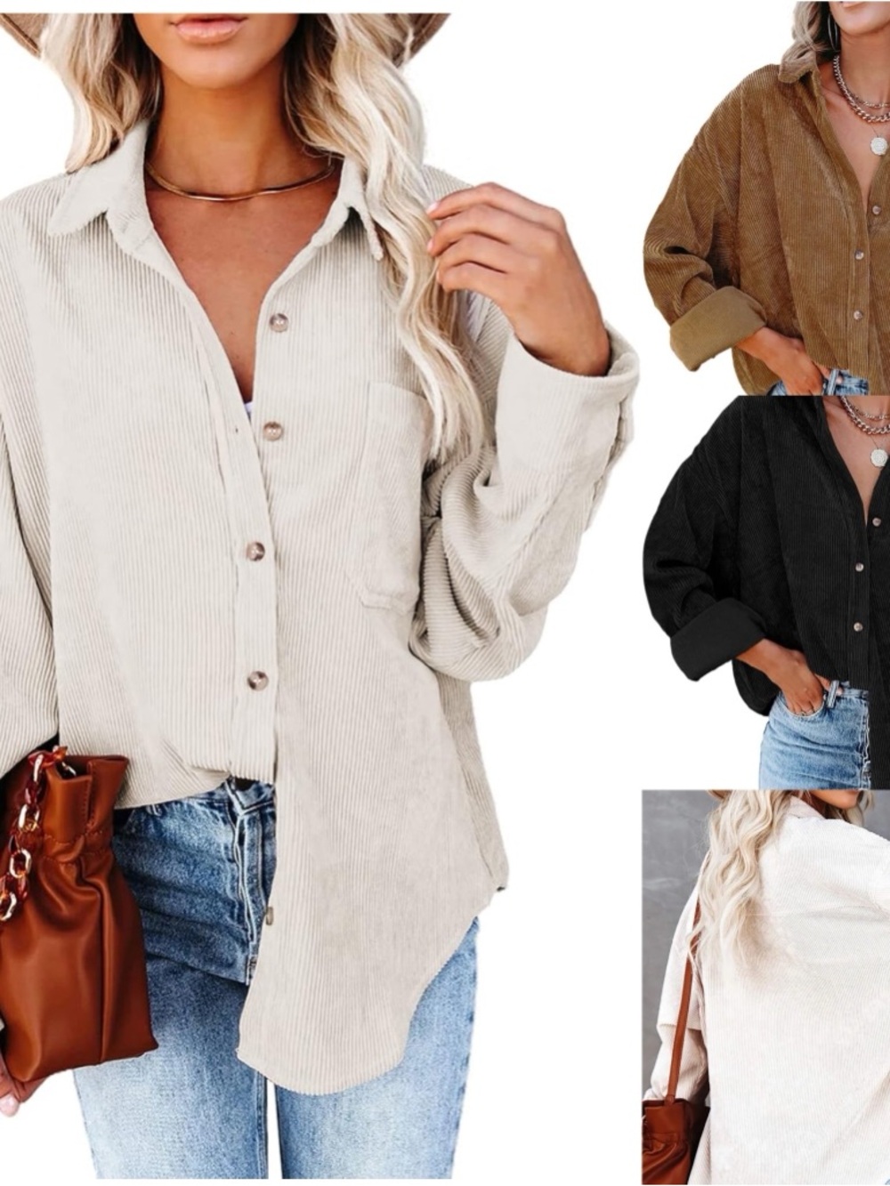 3 Piece Corduroy Button Down Shirt Bundle Size Medium Neutral Colors